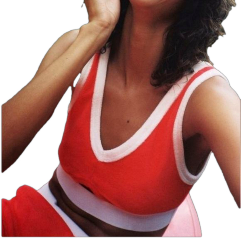 ZARA Red White Terrycloth Cotton Polyester Cropped Bra Plunged Bralette Medium